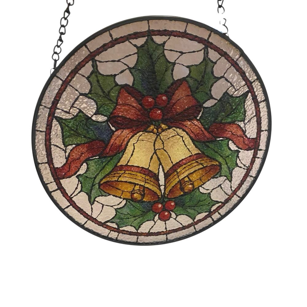 NWT Christmas Bells Suncatcher Stained Glass Indoor Window Decor 7.9 x 7.9in